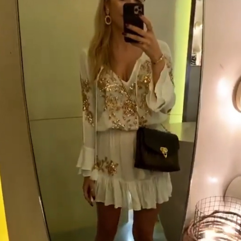 K&I White Beach Tunic / Dress with Gold Sequin Floral Accents